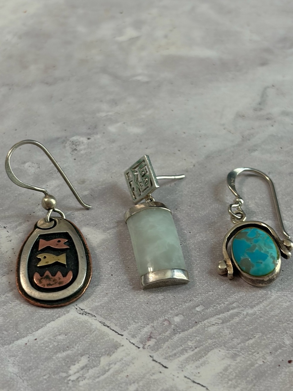 Sterling Silver three Singles Drop Earrings with Mint Green and Turquoise Stones